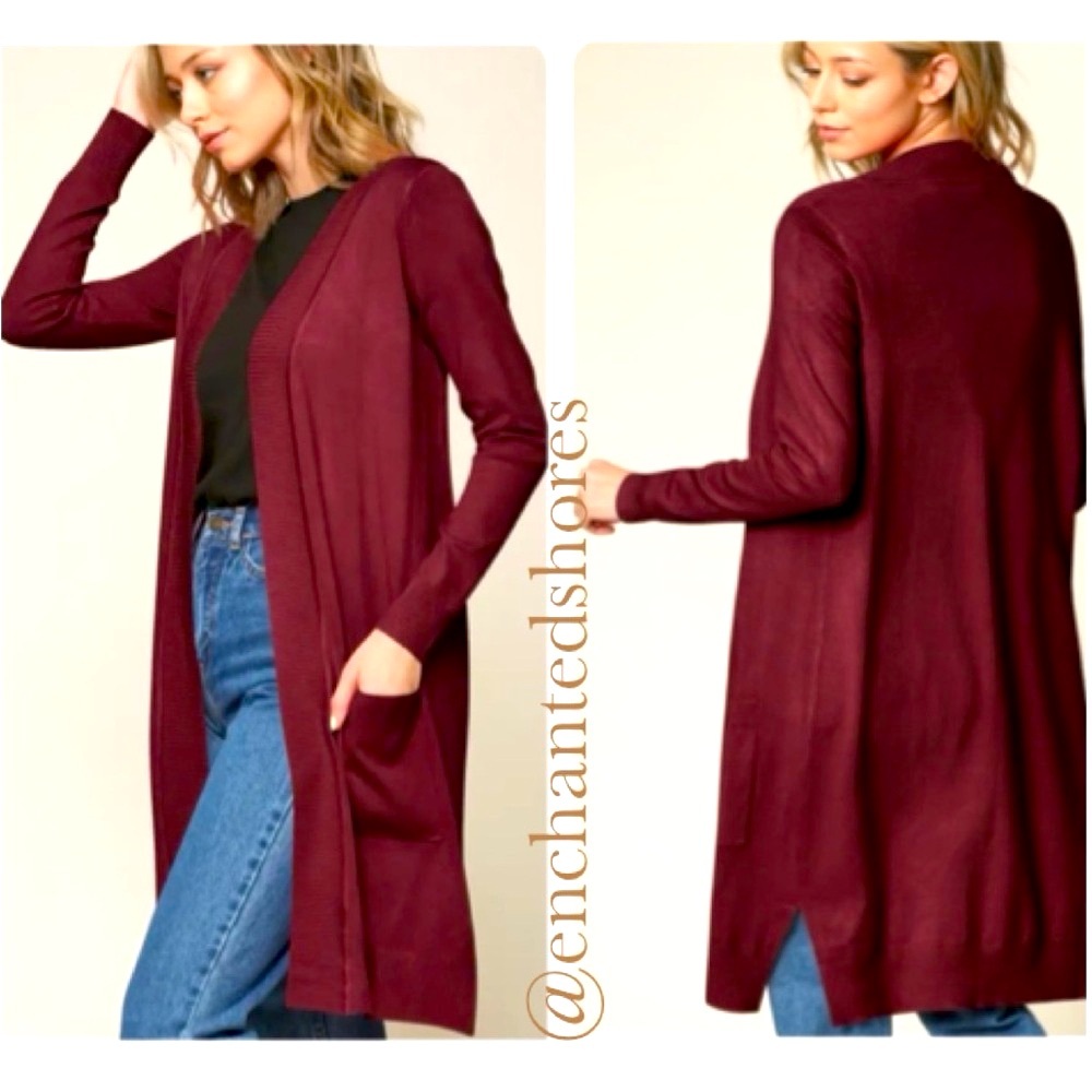 Burgundy Cardigan All Season Long Line Duster W Pockets Marled Red Size Medium